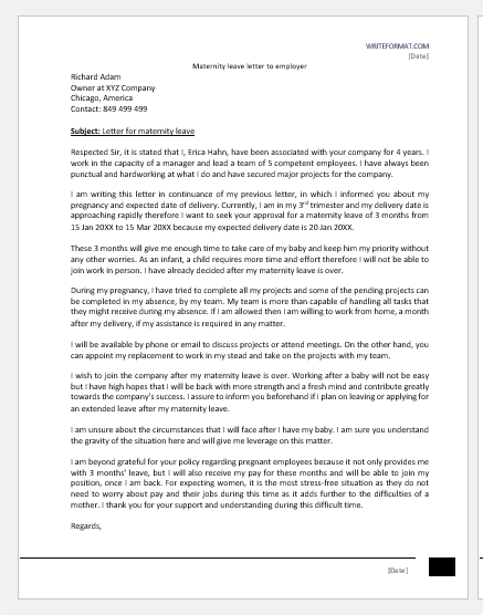 Maternity leave letter to employer