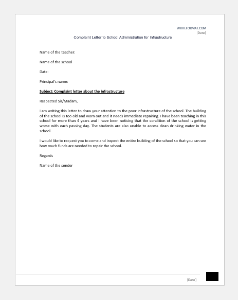Complaint Letter to School Administration for Infrastructure
