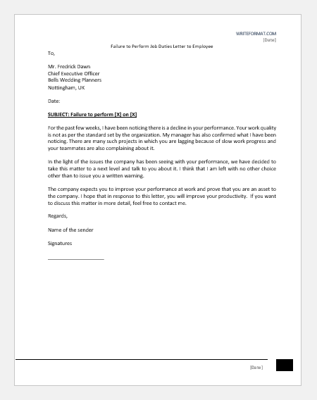 Failure to Perform Job Duties Letter to Employee