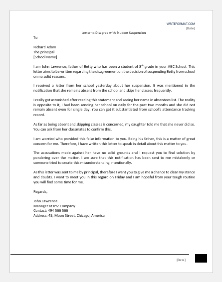 Letter to Disagree with Student Suspension