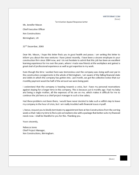 Termination Appeal Response Letter