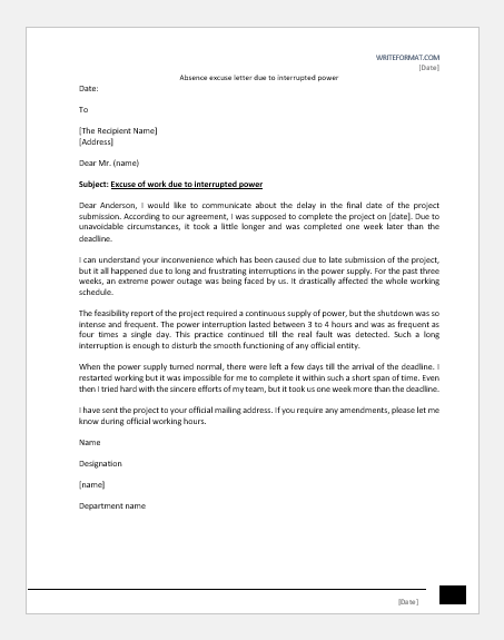 Absence excuse letter due to interrupted power