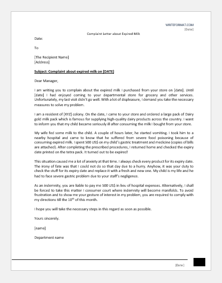 Complaint Letter about Expired Milk