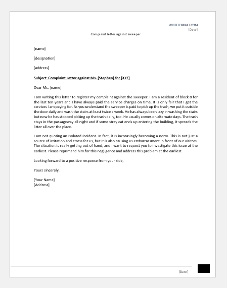 Complaint letter against sweeper
