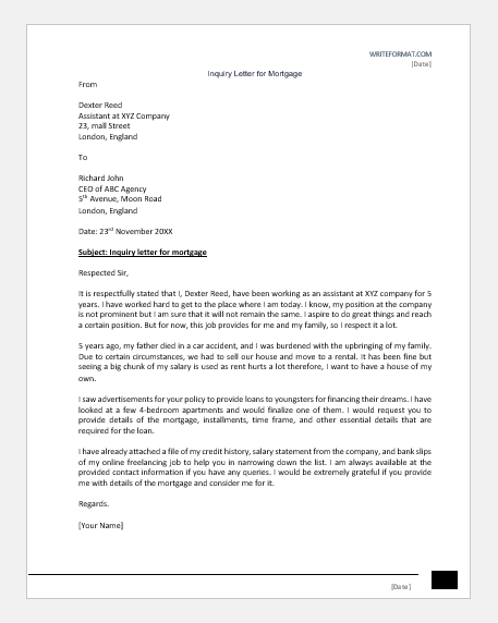 Inquiry Letter for Mortgage