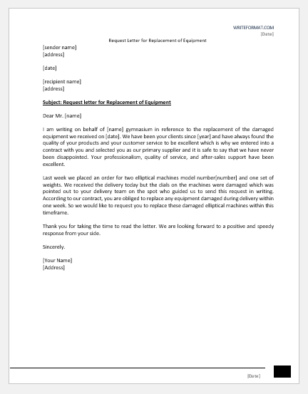 Request Letter for Replacement of Equipment
