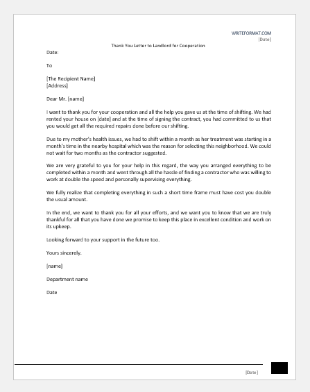 Thank You Letter to Landlord for Cooperation