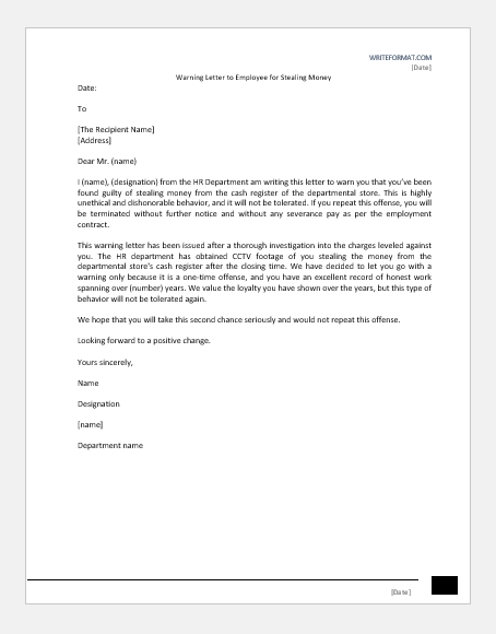 Warning Letter to Employee for Stealing Money