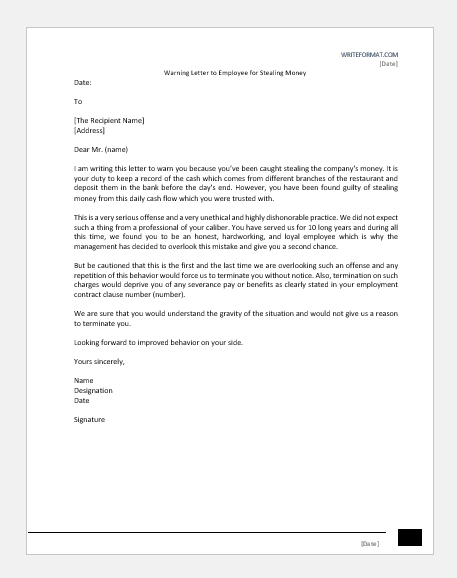 Warning Letter to Employee for Stealing Money