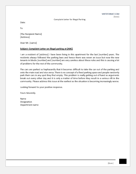 Complaint Letter for Illegal Parking