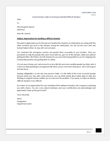 Complimentary Letter to Employee Handled Difficult Situation