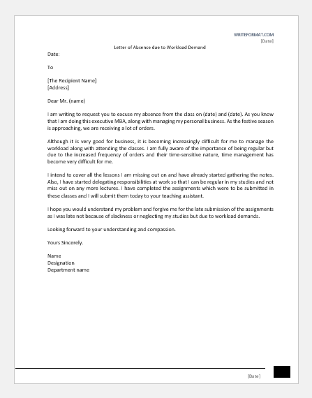 Letter of Absence due to Workload Demand