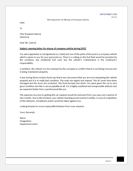 Warning Letter for Misuse of Company Vehicle