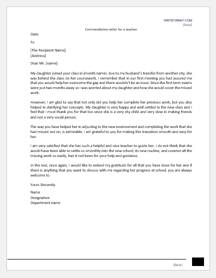 Commendation letter for a teacher