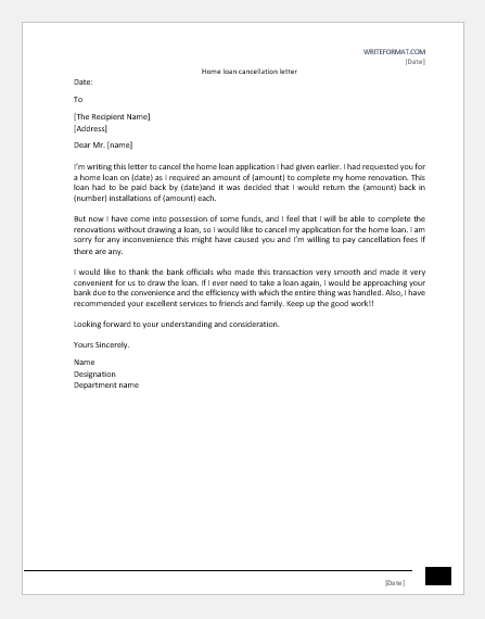 Home loan cancellation letter