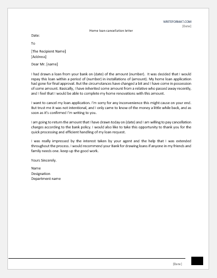 Home loan cancellation letter