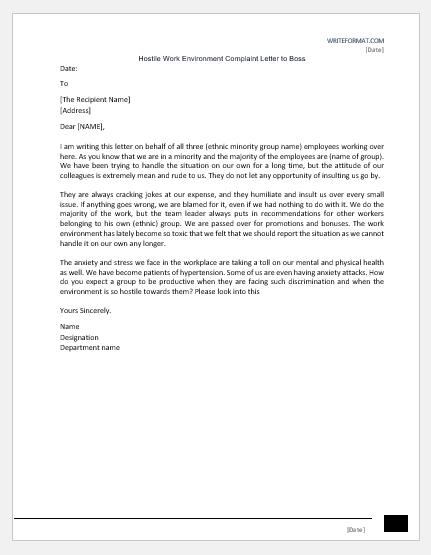 Hostile Work Environment Complaint Letter to Boss