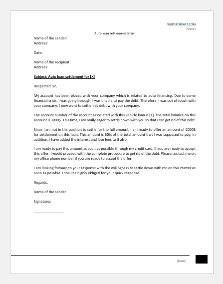 Auto Loan Settlement Letter Template Download Save