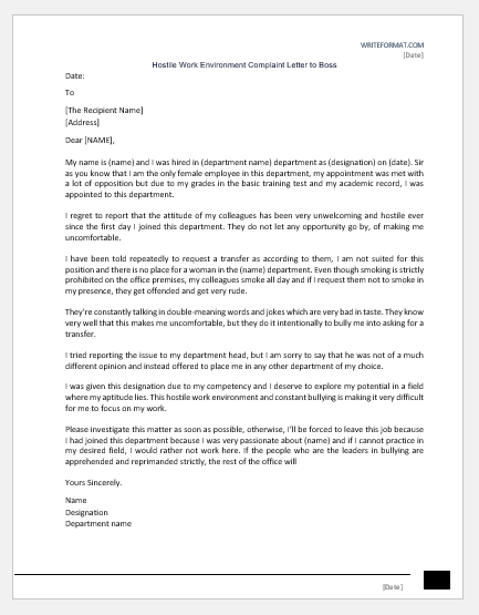Hostile Work Environment Complaint Letter to Boss | Copy