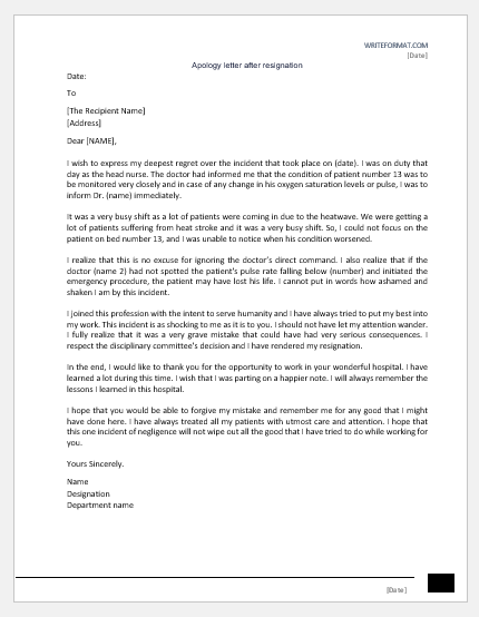 Apology letter after resignation